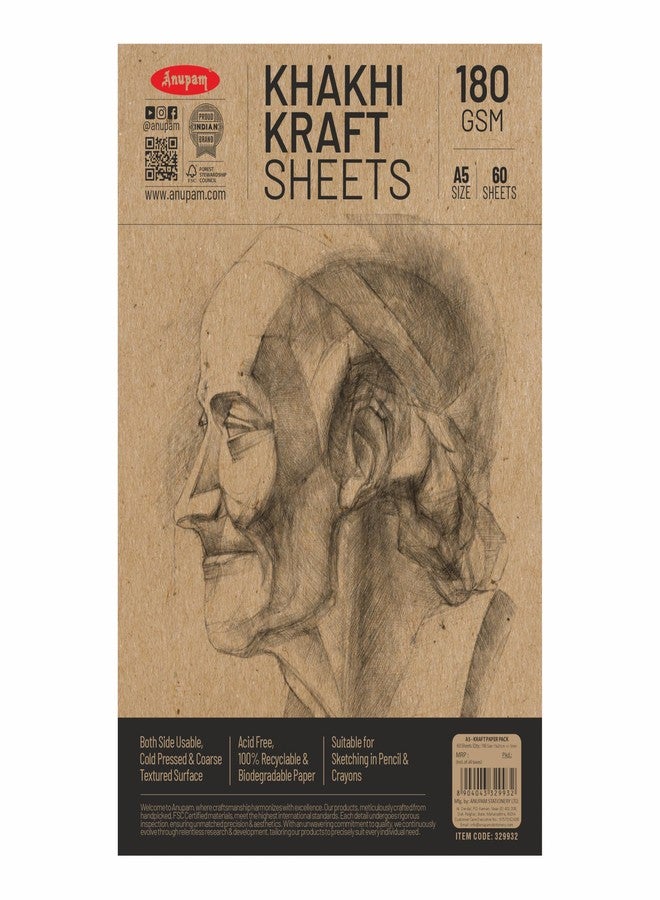 Anupam A5 Kraft Paper | Brown Colour Loose Sheets | 100% Recyclable Acid Free Sheet | 180 GSM | 60 Sheet / 120 Pages | Ideal for Pencil Drawing Doodling Sketching - Image 1